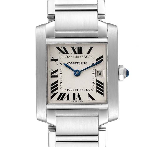 The image shows a front view of a Cartier Tank Francaise W51011Q3 Women's Stainless Steel Silver Dial W51011Q3 Women's Stainless Steel Silver Dial watch, displaying its face, Roman numerals, and part of its metal bracelet.