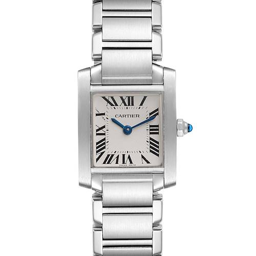The Cartier Tank Francaise W51008Q3 Women's Stainless Steel Silver Dial W51008Q3 Women's Stainless Steel Silver Dial watch is shown from a top-down angle, displaying the face, bezel, and metal bracelet.