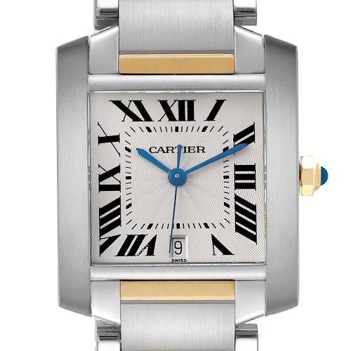The Cartier Tank Française watch is shown from the front, displaying the face, Roman numerals, blue hands, crown, and part of the bracelet.