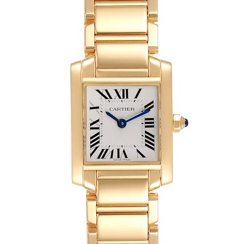 The image shows a frontal view of a Cartier Tank Française watch, featuring its face and part of its gold bracelet.