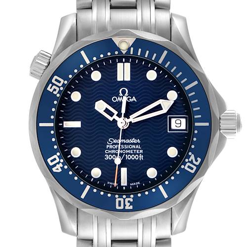 The Omega Seamaster 2551.80.00 Men's Stainless Steel Blue Dial 2551.80.00 Men's Stainless Steel Blue Dial watch is shown from the front, highlighting its blue dial, bezel, and stainless steel bracelet.
