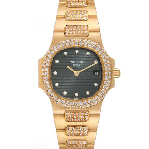 The image shows a front view of a Patek Philippe Nautilus 4700/G Women's Yellow Gold Black Dial 4700/G Women's Yellow Gold Black Dial watch, highlighting its diamond-studded bezel and bracelet.
