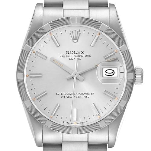 The Rolex Date 15010 Men's Stainless Steel Silver Dial 15010 Men's Stainless Steel Silver Dial watch is shown from a front angle, displaying the dial, bezel, and part of the bracelet.