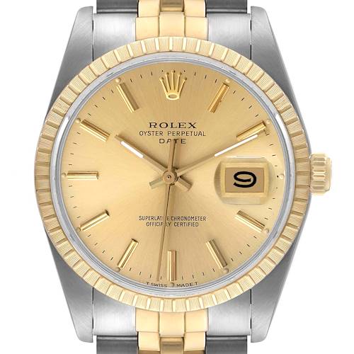 This image shows a front view of a Rolex Date 15053 Men's Steel and Gold (two tone) Champagne Dial 15053 Men's Steel and Gold (two tone) Champagne Dial model watch, highlighting the face, bezel, and part of the bracelet.