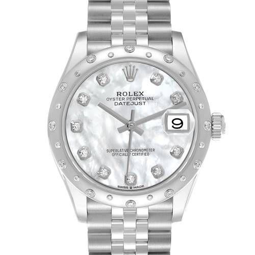 The Rolex Datejust watch is shown from a top view, displaying the dial, bezel, markers, hands, and partial bracelet.