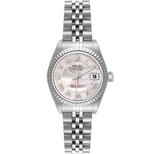 This image shows a front view of a Rolex Datejust 79174 Women's Stainless Steel Mother of Pearl Dial 79174 Women's Stainless Steel Mother of Pearl Dial watch, displaying its face, dial, bezel, and bracelet.