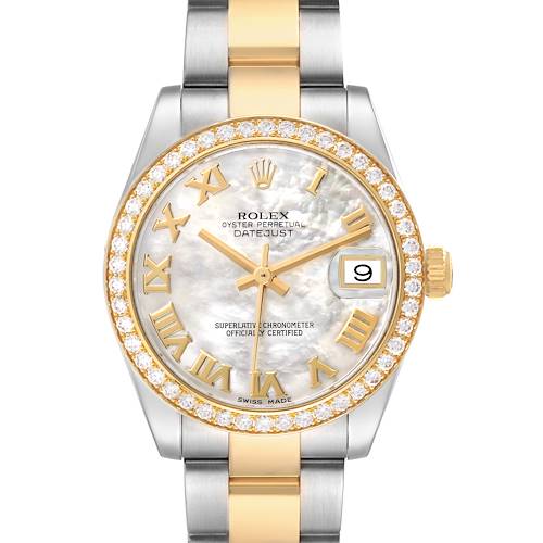 The Rolex Datejust watch is shown from the front, displaying its bezel, dial, bracelet, hands, and date window.