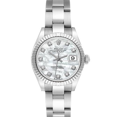 The Rolex Datejust 279174 Women's Stainless Steel Mother of Pearl Dial 279174 Women's Stainless Steel Mother of Pearl Dial watch is shown from a front angle, highlighting the dial, bezel, and bracelet.