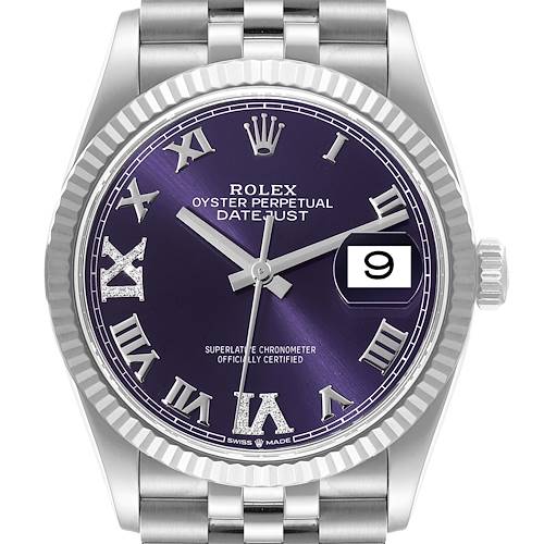 This image shows a frontal view of the Rolex Datejust 126234 Men's Stainless Steel Purple Dial 126234 Men's Stainless Steel Purple Dial watch, featuring a purple dial, Roman numerals, and date display.