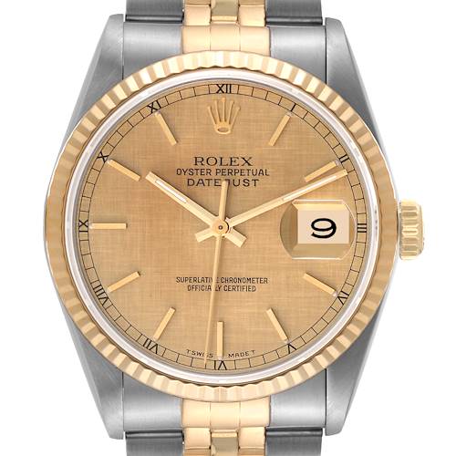 This is a front view of the Rolex Datejust 16233 Men's Steel and Gold (two tone) Champagne Dial 16233 Men's Steel and Gold (two tone) Champagne Dial watch, showing its dial, hands, bezel, and part of the bracelet.