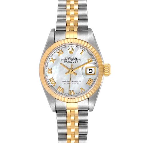 This image shows a front view of a Rolex Datejust 79173 Women's Steel and Gold (two tone) Mother of Pearl Dial 79173 Women's Steel and Gold (two tone) Mother of Pearl Dial watch, highlighting its face, bezel, and bracelet.