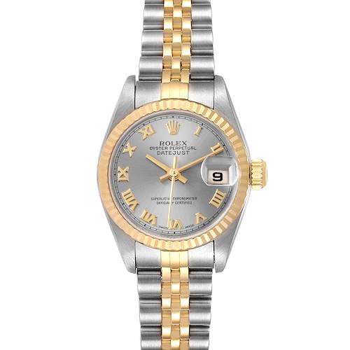 The image shows a Rolex Datejust 79173 Women's Steel and Gold (two tone) Grey Dial 79173 Women's Steel and Gold (two tone) Grey Dial watch from the front, featuring a two-tone bracelet, gold fluted bezel, and Roman numeral markers.