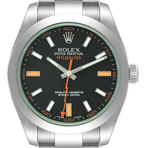 Front view of the Rolex Milgauss 116400 Men's Stainless Steel Black Dial 116400 Men's Stainless Steel Black Dial watch displaying the face, hour markers, hands, crown, and partial bracelet.