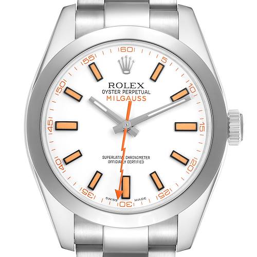 The Rolex Milgauss 116400 Men's Stainless Steel White Dial 116400 Men's Stainless Steel White Dial watch is shown from a front angle, displaying the face, bezel, crown, and part of the bracelet.