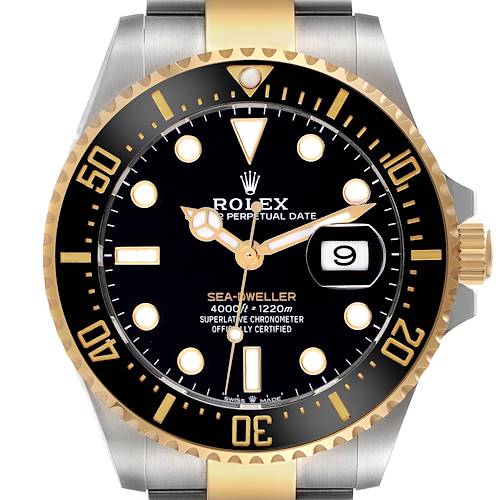 The image shows a front view of the Rolex Sea-Dweller 126603 Men's Steel and Gold (two tone) Black Dial 126603 Men's Steel and Gold (two tone) Black Dial, highlighting the dial, bezel, hands, and crown.