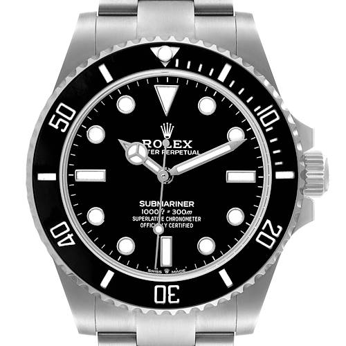 This image shows a front view of the Rolex Submariner 124060 Men's Stainless Steel Black Dial 124060 Men's Stainless Steel Black Dial, highlighting its bezel, dial, hands, markers, and part of the bracelet.