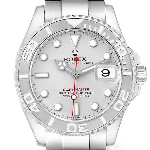 The image shows a Rolex Yacht-Master 16622 Men's Stainless Steel Silver Dial 16622 Men's Stainless Steel Silver Dial watch, viewed from the front, highlighting the dial, bezel, and bracelet.