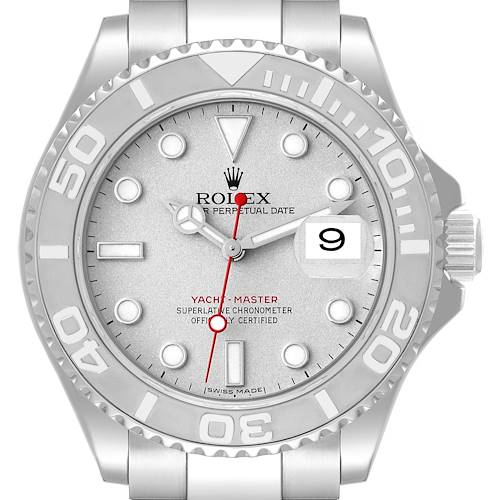 The image shows a front view of the Rolex Yacht-Master 16622 Men's Stainless Steel Silver Dial 16622 Men's Stainless Steel Silver Dial watch, highlighting the dial, bezel, and part of the bracelet.