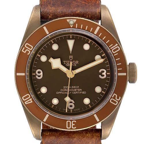 This image shows a front view of the Tudor Heritage Black Bay 79250B Men's Bronze Brown Dial 79250B Men's Bronze Brown Dial watch, highlighting the dial, bezel, case, and leather strap.