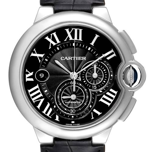This image shows the front view of a Cartier Ballon Bleu W6920052 Men's Stainless Steel Black Dial W6920052 Men's Stainless Steel Black Dial watch with visible dials, Roman numeral markers, and an automatic movement.