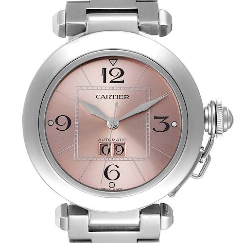 This image shows the front view of the Cartier Pasha W31058M7 Women's Stainless Steel Pink Dial W31058M7 Women's Stainless Steel Pink Dial watch, displaying its dial, hands, and part of the bracelet.