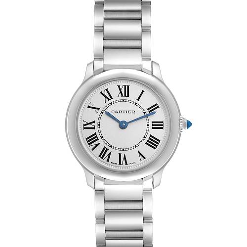 The Cartier Ronde WSRN0033 Women's Stainless Steel Silver Dial WSRN0033 Women's Stainless Steel Silver Dial watch is shown from a top-down angle, displaying the face, Roman numerals, blue hands, and metal band.
