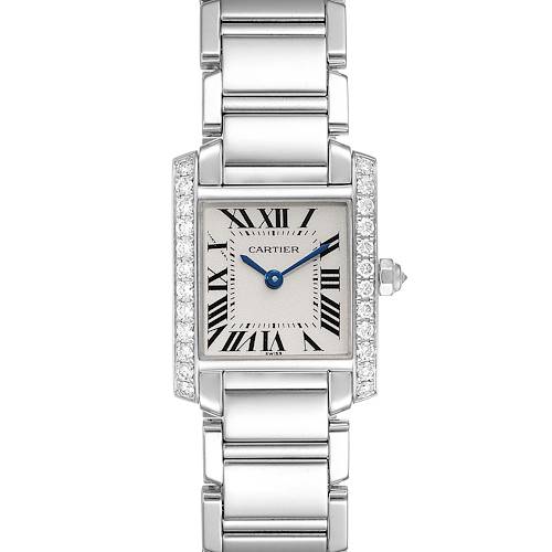 The image shows a top view of the Cartier Tank Francaise WE1002S3 Women's White Gold Silver Dial WE1002S3 Women's White Gold Silver Dial watch, featuring its face, band, and crown.