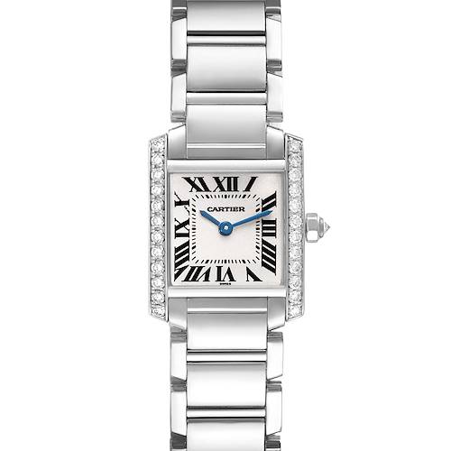 The image shows a front-facing view of a Cartier Tank Francaise WE1002S3 Women's White Gold Silver Dial WE1002S3 Women's White Gold Silver Dial watch, highlighting the face, bracelet, and bejeweled sides.