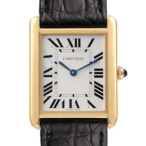 The image shows a front view of the Cartier Tank Solo W5200004 Men's Yellow Gold Silver Dial W5200004 Men's Yellow Gold Silver Dial watch, displaying its Roman numeral dial, blue hands, gold rectangular case, and black leather strap.