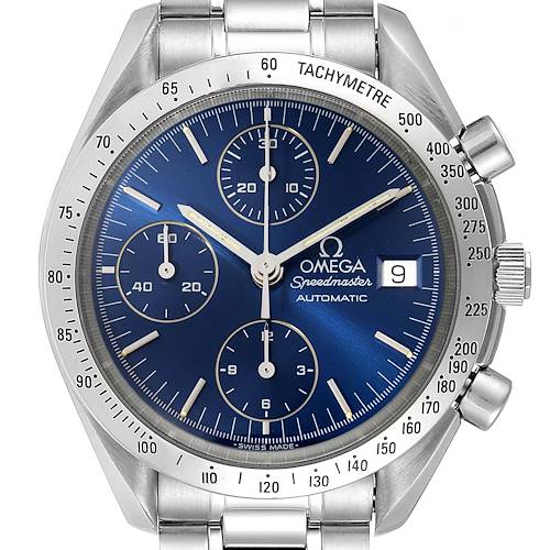 This image shows a frontal view of the Omega Speedmaster 3511.80.00 Men's Stainless Steel Blue Dial 3511.80.00 Men's Stainless Steel Blue Dial watch, displaying its dial, tachymeter bezel, and chronograph subdials.