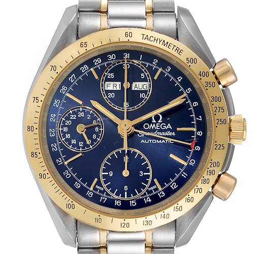 This image shows a front view of the Omega Speedmaster 3321.80.00 Men's Steel and Gold (two tone) Blue Dial 3321.80.00 Men's Steel and Gold (two tone) Blue Dial watch, highlighting the dial, tachymeter bezel, and bracelet.