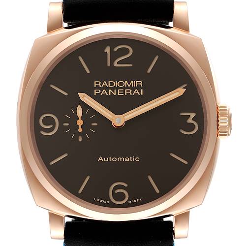 The image shows a front view of the Panerai Radiomir PAM00573 Men's Rose Gold Brown Dial PAM00573 Men's Rose Gold Brown Dial watch, displaying its dial, hands, and part of the strap.