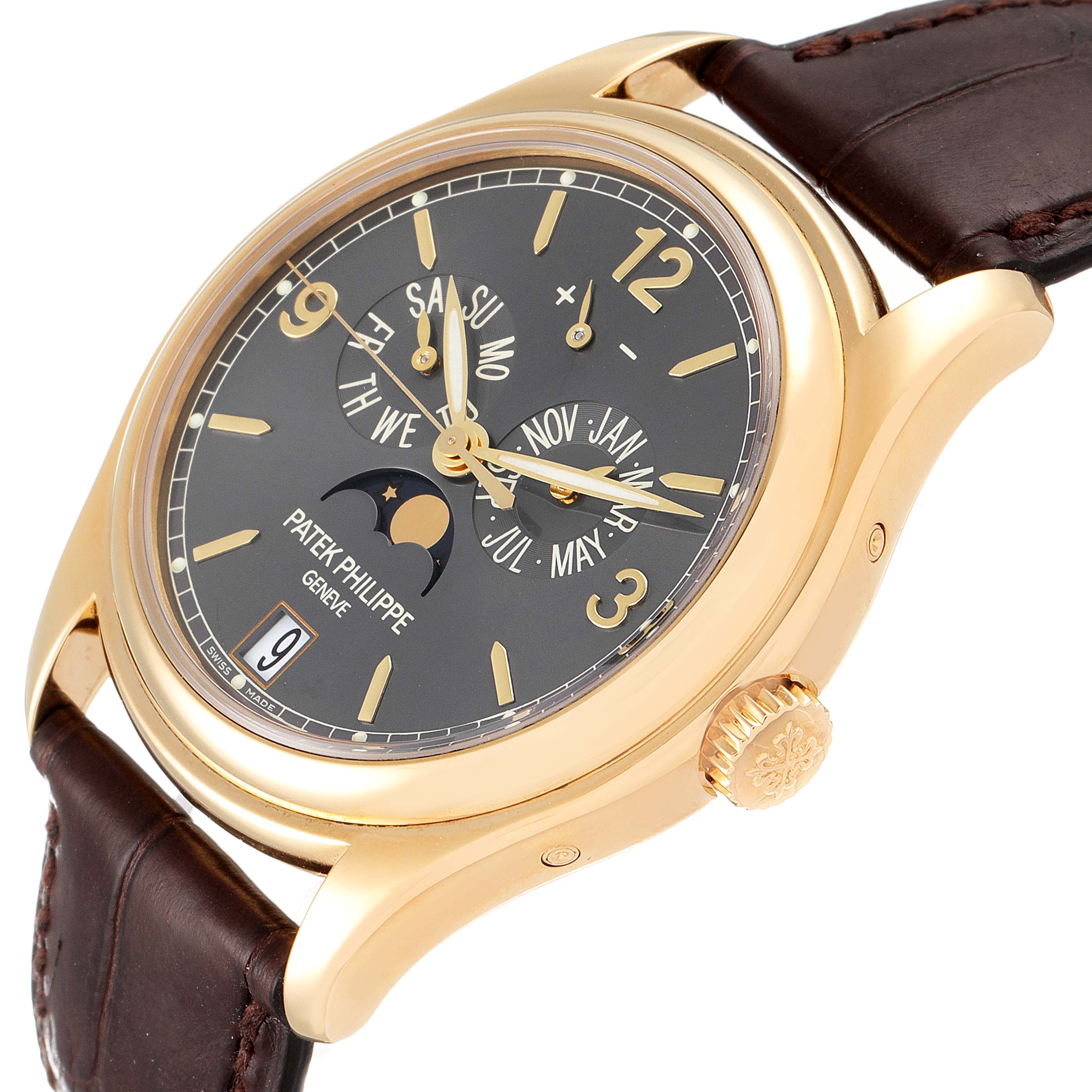The image shows a Patek Philippe 5146J - 01D Men's Yellow Gold Grey Dial 5146J - 01D Men's Yellow Gold Grey Dial Complicated Annual Calendar Yellow Gold Mens Watch 5146 at a slight angle, highlighting the face, crown, and strap.