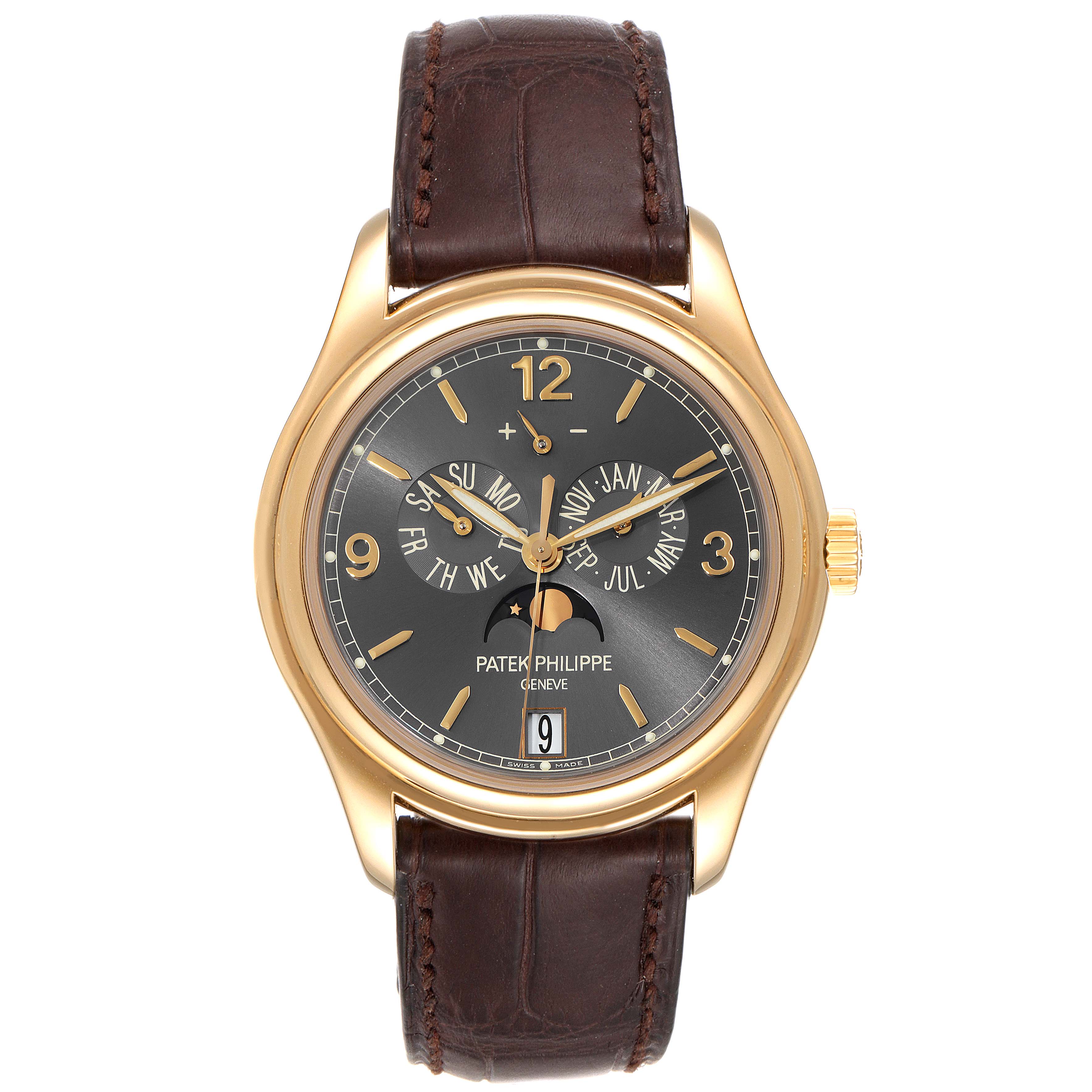 The image shows a front view of a Patek Philippe 5146J - 01D Men's Yellow Gold Grey Dial 5146J - 01D Men's Yellow Gold Grey Dial Complicated Annual Calendar Yellow Gold Men's Watch 5146 with its dial, hands, and strap visible.