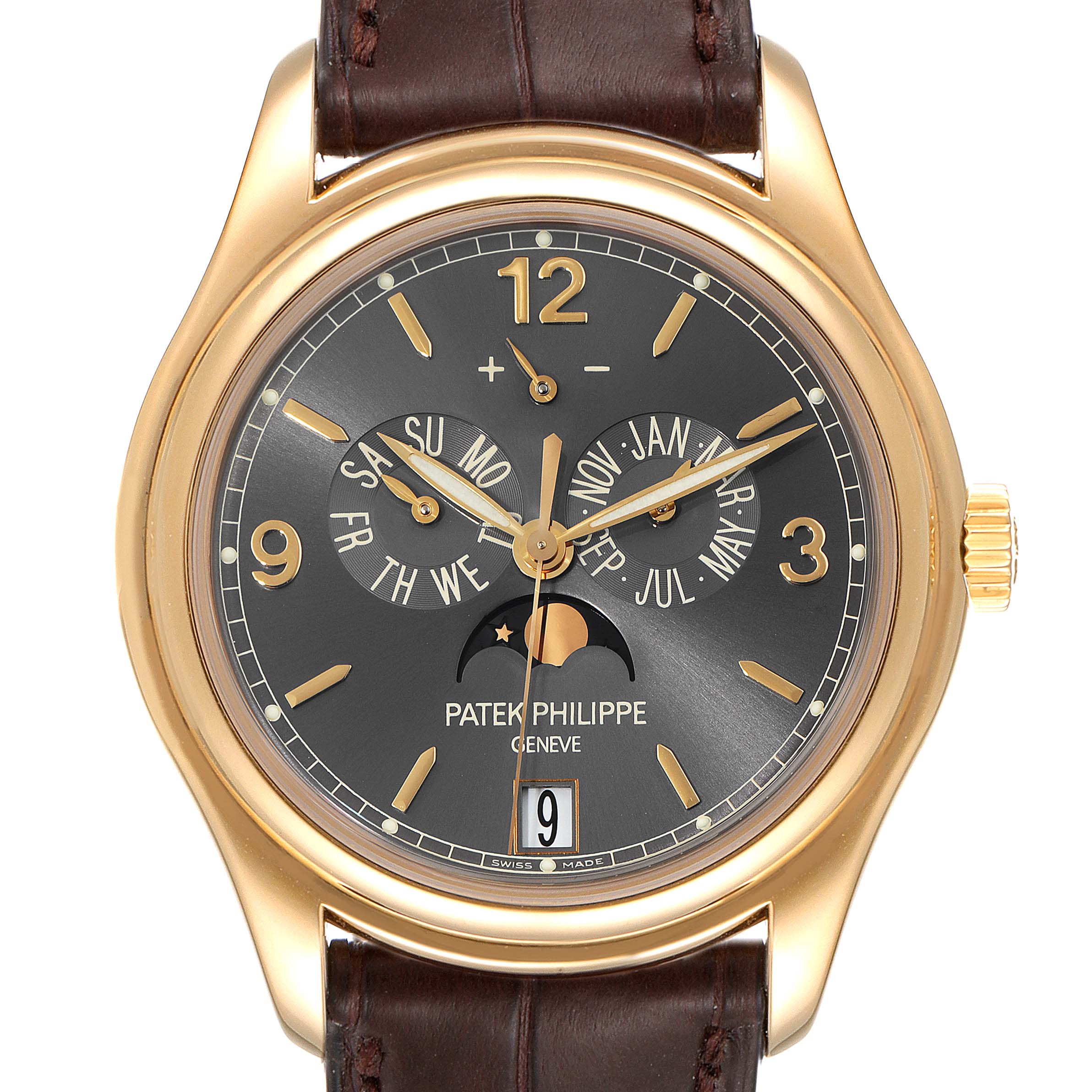 The image shows a front view of the Patek Philippe 5146J - 01D Men's Yellow Gold Grey Dial 5146J - 01D Men's Yellow Gold Grey Dial Complicated Annual Calendar Yellow Gold Men's Watch 5146 model, displaying its dial and bezel.