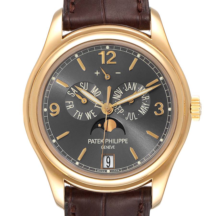 The image shows a front view of the Patek Philippe 5146J - 01D Men's Yellow Gold Grey Dial 5146J - 01D Men's Yellow Gold Grey Dial Complicated Annual Calendar Yellow Gold Men's Watch 5146 model, displaying its dial and bezel.
