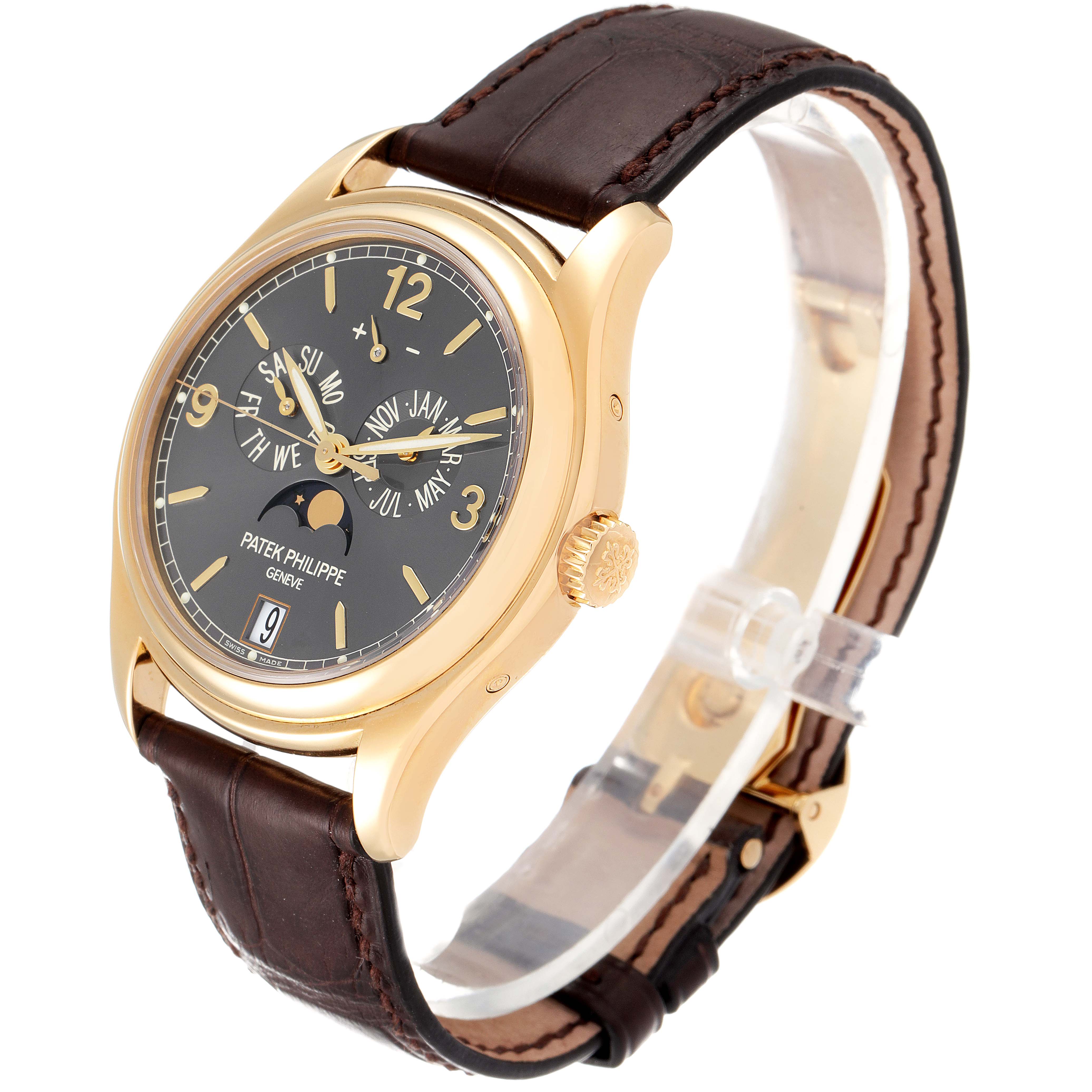 The image shows a Patek Philippe 5146J - 01D Men's Yellow Gold Grey Dial 5146J - 01D Men's Yellow Gold Grey Dial Complicated Annual Calendar Yellow Gold Men's Watch 5146 at a slightly tilted angle displaying the watch face and strap.