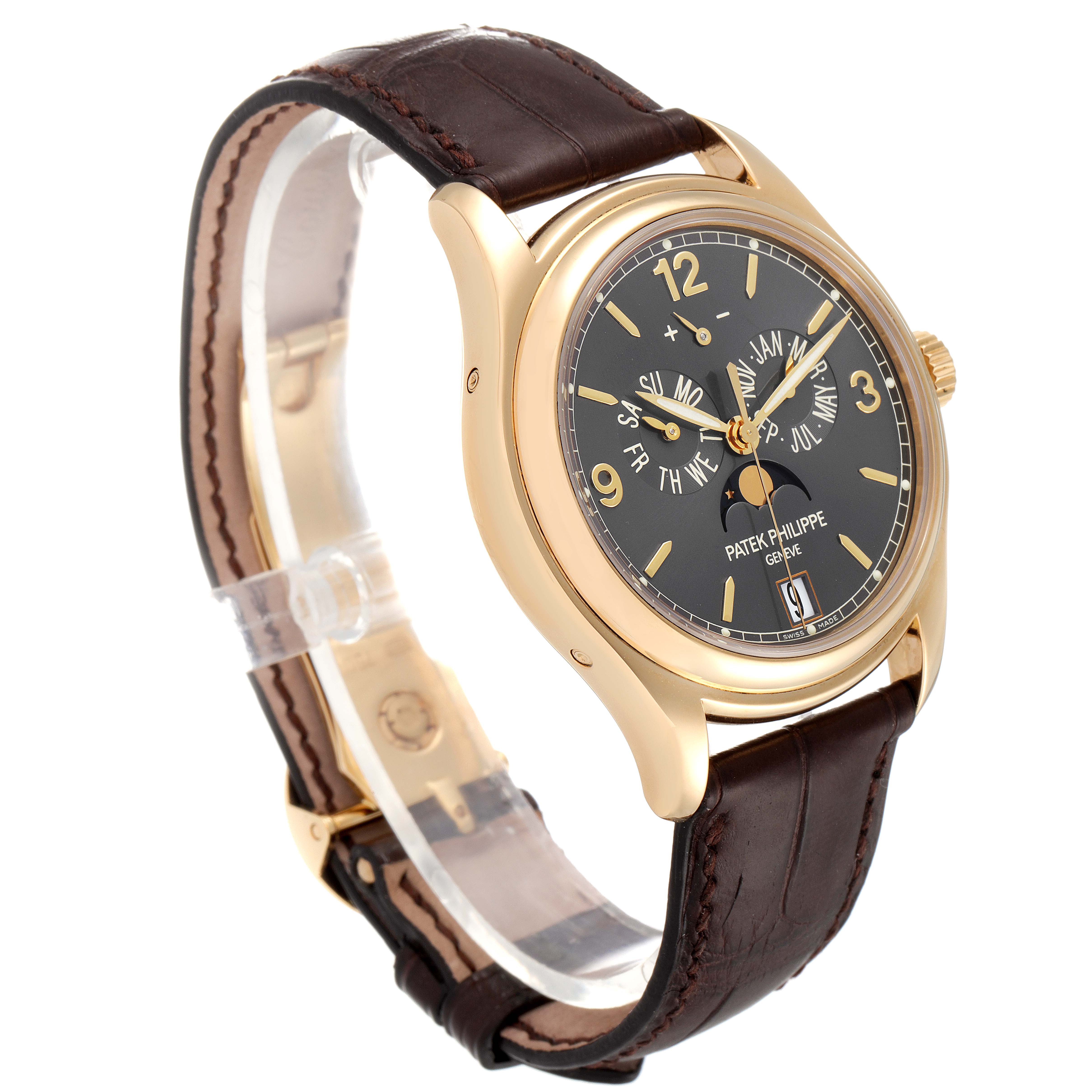 This image shows a side-angle view of the Patek Philippe 5146J - 01D Men's Yellow Gold Grey Dial 5146J - 01D Men's Yellow Gold Grey Dial Complicated Annual Calendar Yellow Gold Men's Watch 5146, highlighting its dial, case, and strap.