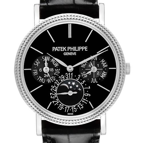 The Patek Philippe Complications 5139G Men's White Gold Black Dial 5139G Men's White Gold Black Dial watch is shown from a frontal angle, displaying its black dial, subdials, and leather strap.