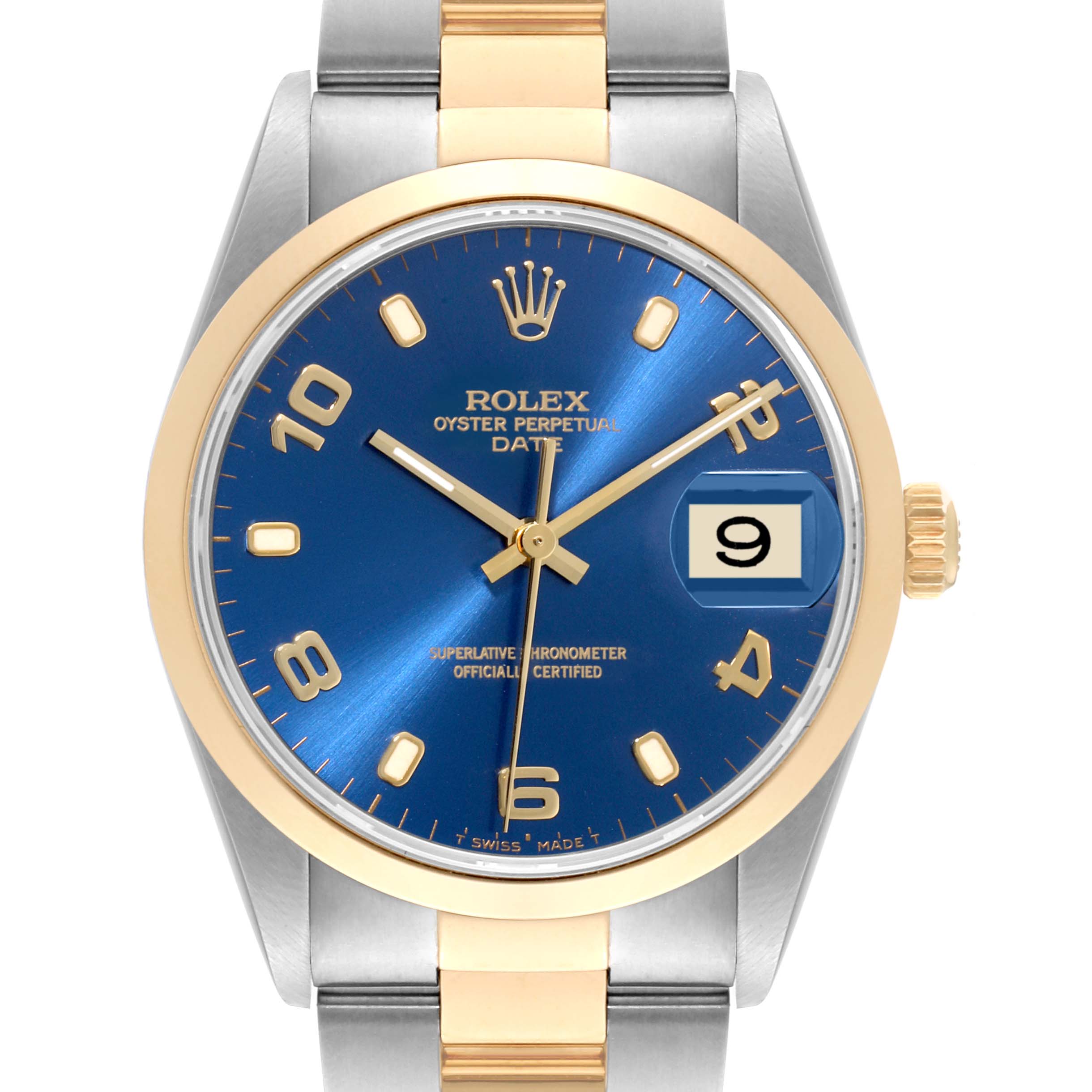 This image shows a front view of the Rolex Oyster Perpetual Date watch, highlighting its blue dial, gold bezel, and date window.