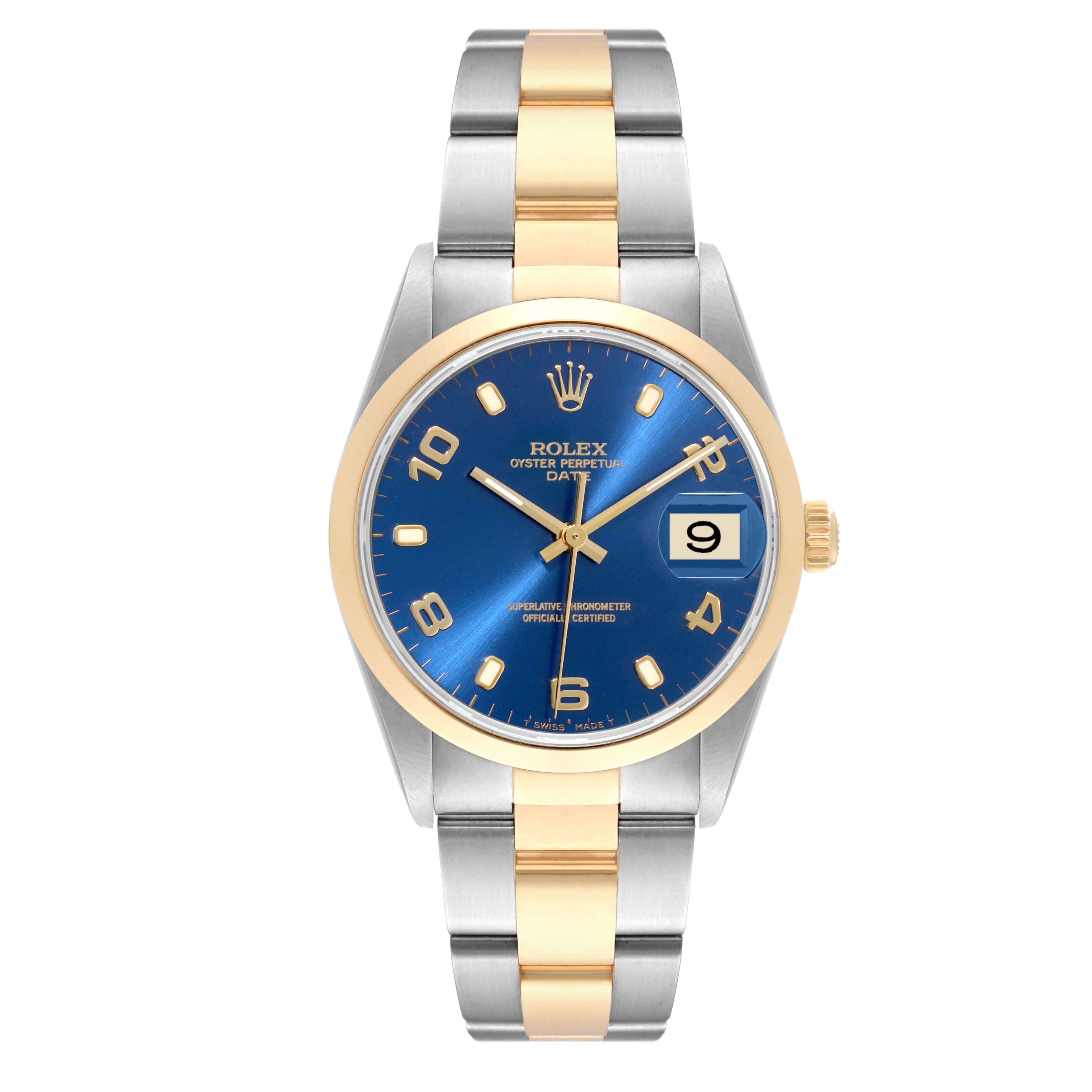 This Rolex Date 15203 Men's Steel and Gold (two tone) Blue Dial 15203 Men's Steel and Gold (two tone) Blue Dial model watch is shown from a front angle, displaying the face, hands, bracelet, and crown.