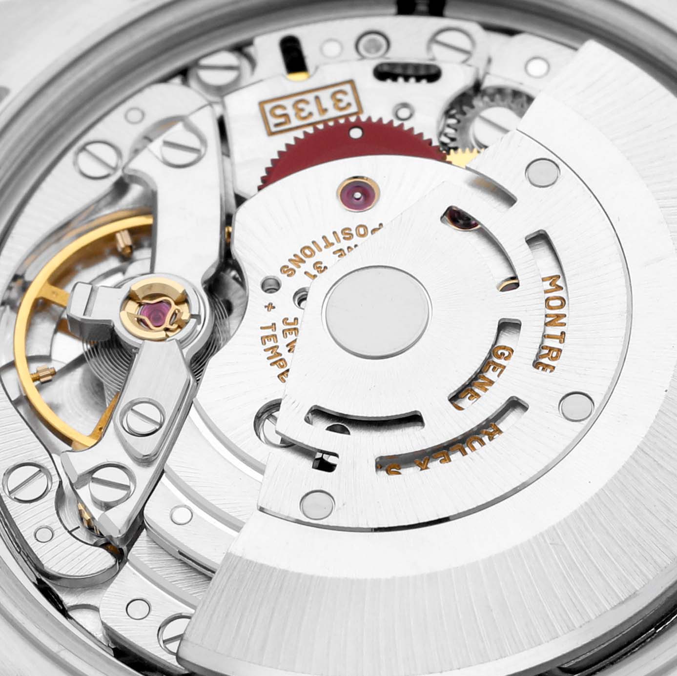 This image shows the intricate inner mechanism of a Rolex Date 15203 Men's Steel and Gold (two tone) Blue Dial 15203 Men's Steel and Gold (two tone) Blue Dial model watch from a close-up angle.