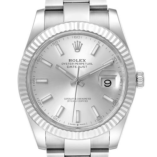 The image shows a front view of the Rolex Datejust 41 126334 Men's Stainless Steel Silver Dial 126334 Men's Stainless Steel Silver Dial watch, highlighting its dial, bezel, crown, and bracelet.