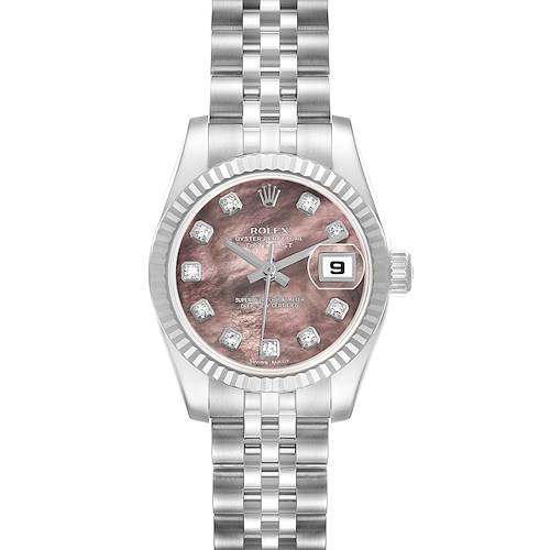 The Rolex Datejust 179174 Women's Stainless Steel Mother of Pearl Dial 179174 Women's Stainless Steel Mother of Pearl Dial watch is shown from a top-down angle, highlighting its face, bezel, and bracelet.