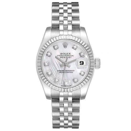 The Rolex Datejust 179174 Women's Stainless Steel Mother of Pearl Dial 179174 Women's Stainless Steel Mother of Pearl Dial watch is shown from a top view, displaying its face, bezel, and bracelet.