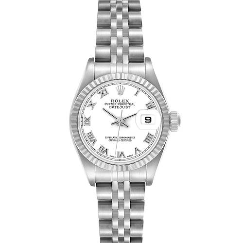 The Rolex Datejust 79174 Women's Stainless Steel White Dial 79174 Women's Stainless Steel White Dial watch is shown from a straight-on angle, featuring its dial, bezel, and bracelet.