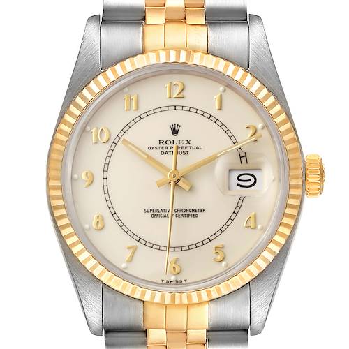 The image shows a frontal view of the Rolex Vintage Collection 16013 Men's Steel and Gold (two tone) White Dial 16013 Men's Steel and Gold (two tone) White Dial watch, displaying its face, bezel, crown, and part of the bracelet.