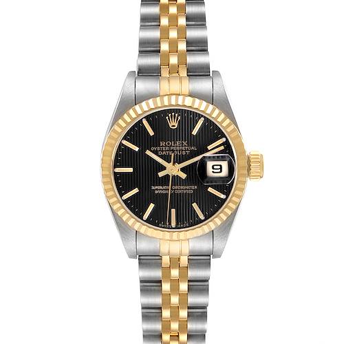 The Rolex Datejust 69173 Women's Steel and Gold (two tone) Black Dial 69173 Women's Steel and Gold (two tone) Black Dial watch is shown from the front, displaying the bezel, dial, hands, and bracelet.
