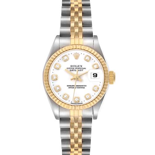 The Rolex Datejust 69173 Women's Steel and Gold (two tone) White Dial 69173 Women's Steel and Gold (two tone) White Dial watch is shown from a top-down angle, highlighting its dial, bezel, and bracelet.