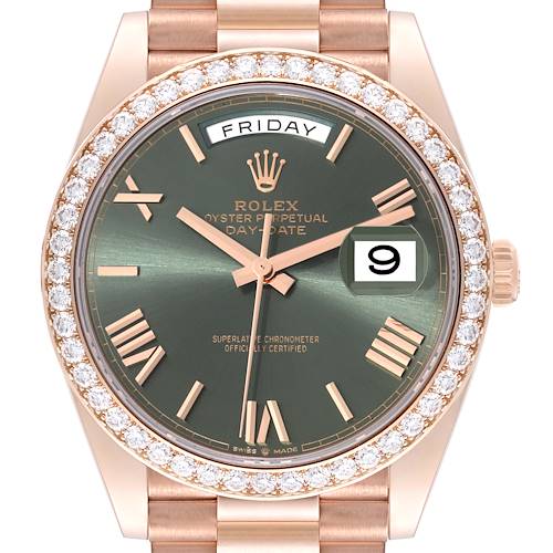 The image shows a frontal view of a Rolex President 228345 Men's Rose Gold Green Dial 228345 Men's Rose Gold Green Dial model watch, highlighting its dial, day-date display, and diamond-studded bezel.